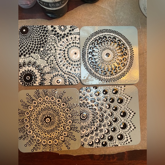 Enjoying my custom artwork, set of 4 coasters, repurposed, recycled, coasters - Picture 5 of 15